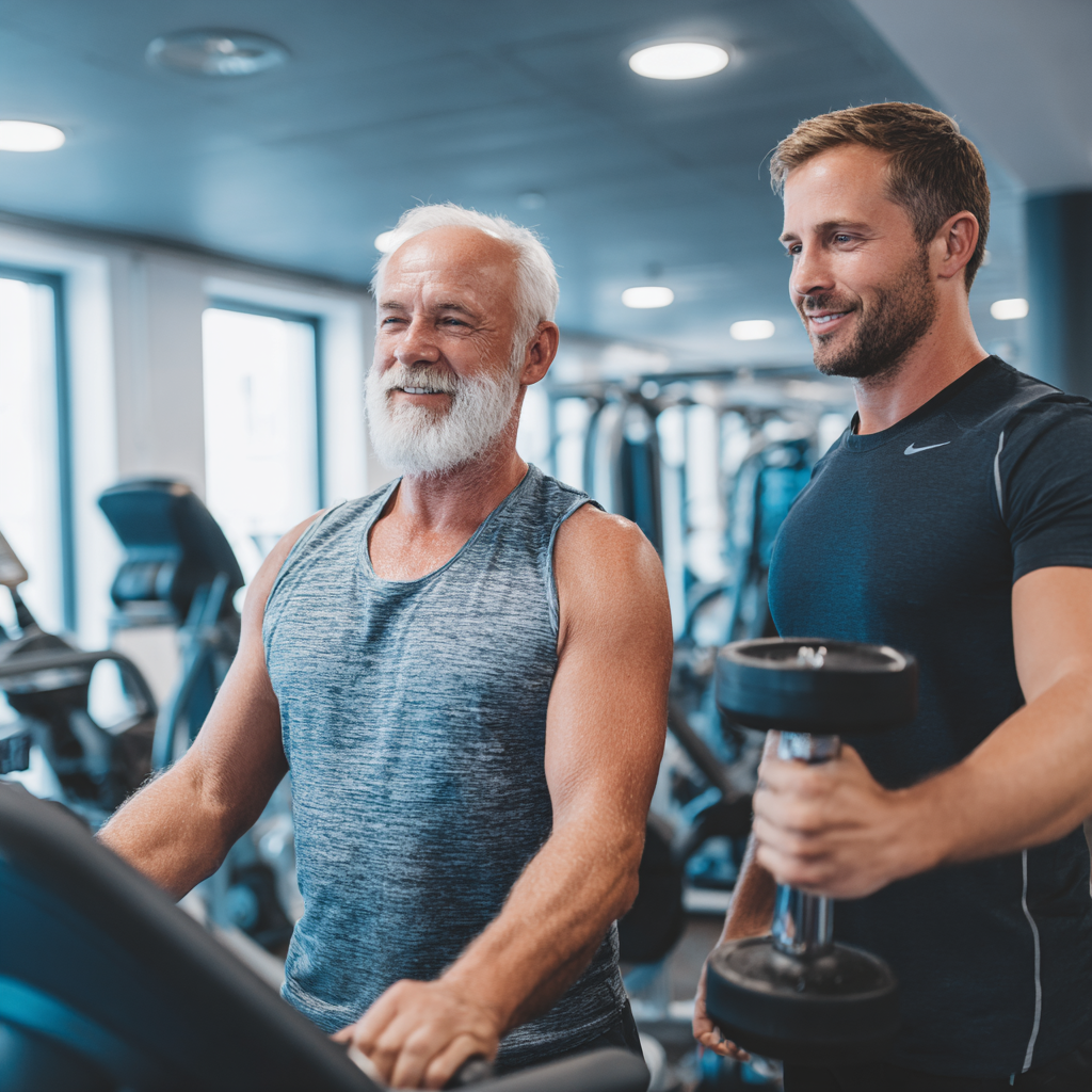 Мъж на 58 години тренира с персонален треньор в светла фитнес зала с модерно оборудване