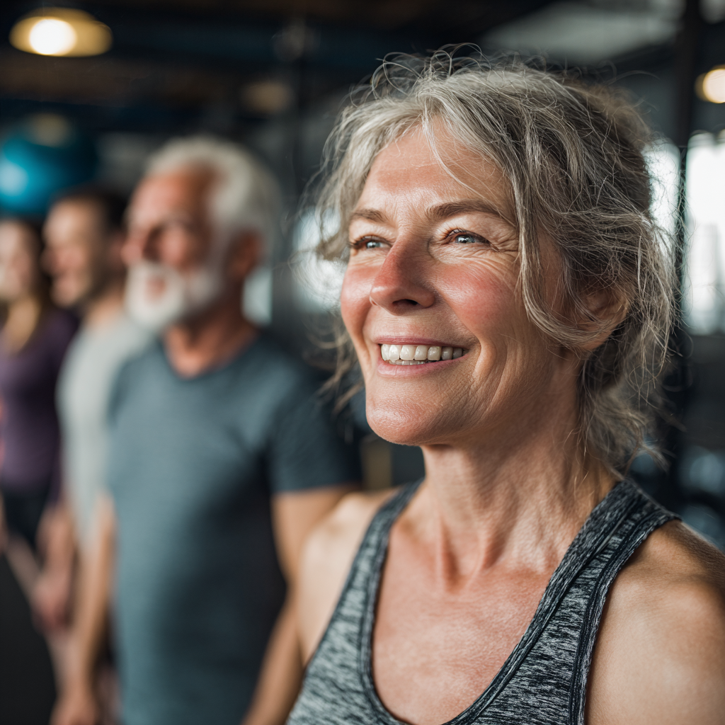 Група от хора на възраст 50-60 години тренират заедно в просторна фитнес зала, усмихнати и мотивирани