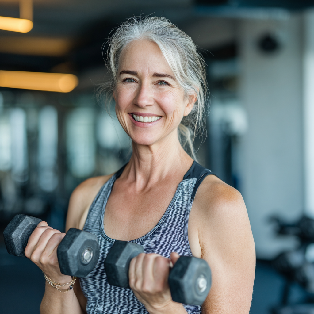 Усмихната жена на 55 години в спортно облекло държи гири в модерна фитнес зала